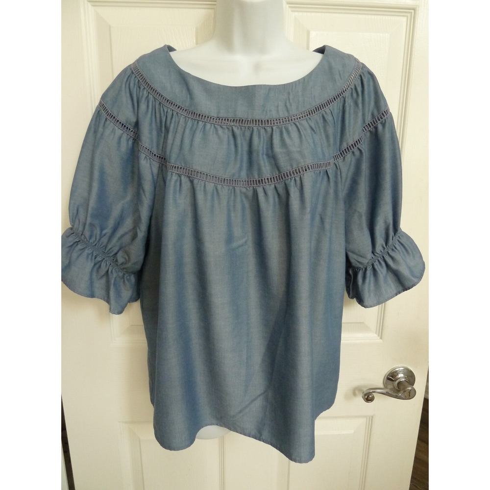 Ann Taylor Blue Puff Ruffle Short Sleeve Blouse Milkmaid Prairie Sz L 12/14